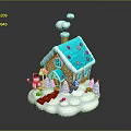 Festive Gingerbread House Featuring Blue Roof Colorful Candy Decorations White Snow And Small Christmas Trees