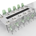 Modern Office Conference Table With Green And Gray Swivel Chairs And Water Bottles