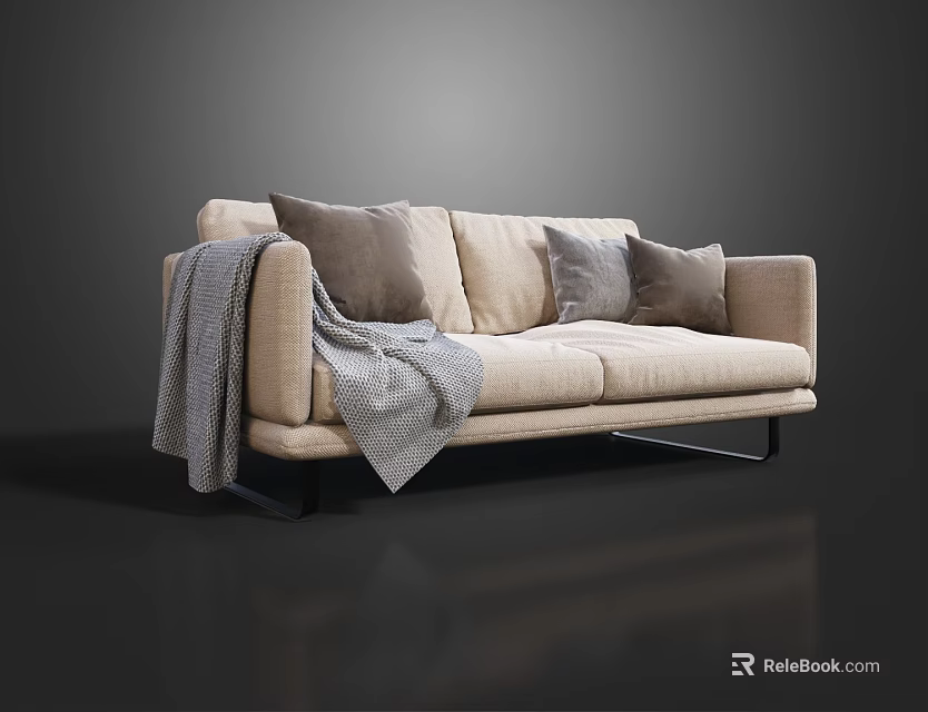 Modern Beige Two Seater Sofa With Gray Pillows And Blanket On Black Legs 3d model 