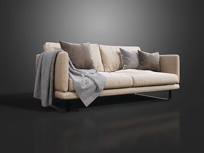 Modern Beige Two Seater Sofa With Gray Pillows And Blanket On Black Legs 3d model