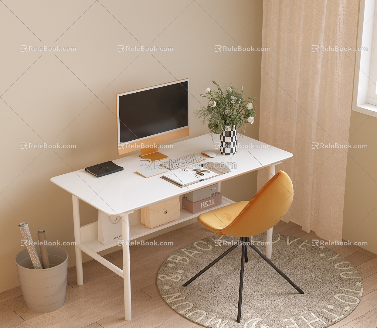 Modern Desk and Chair Combination Adult Desk and Chair Study Desk and Chair Round Carpet Apple Computer Combination 3d model