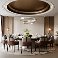 Modern Private Dining Room Interior With Round Table Elegant Chairs And Hanging Lights 3d model