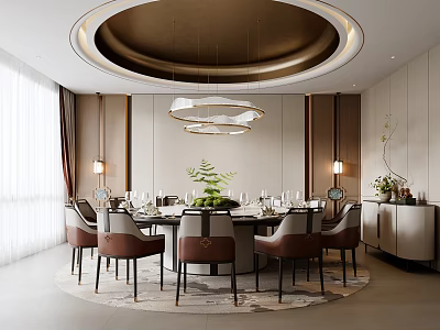 New Chinese Style Box Restaurant Room Dining Space Dining Box Room Large Round Table Restaurant Chandelier Restaurant Background Wall Sideboard Round Table Dining Table Chair 3d model