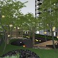 Residential Landscape With High Rise Buildings Lush Trees Green Lawn Wooden Walkway Benches Yellow Cushions