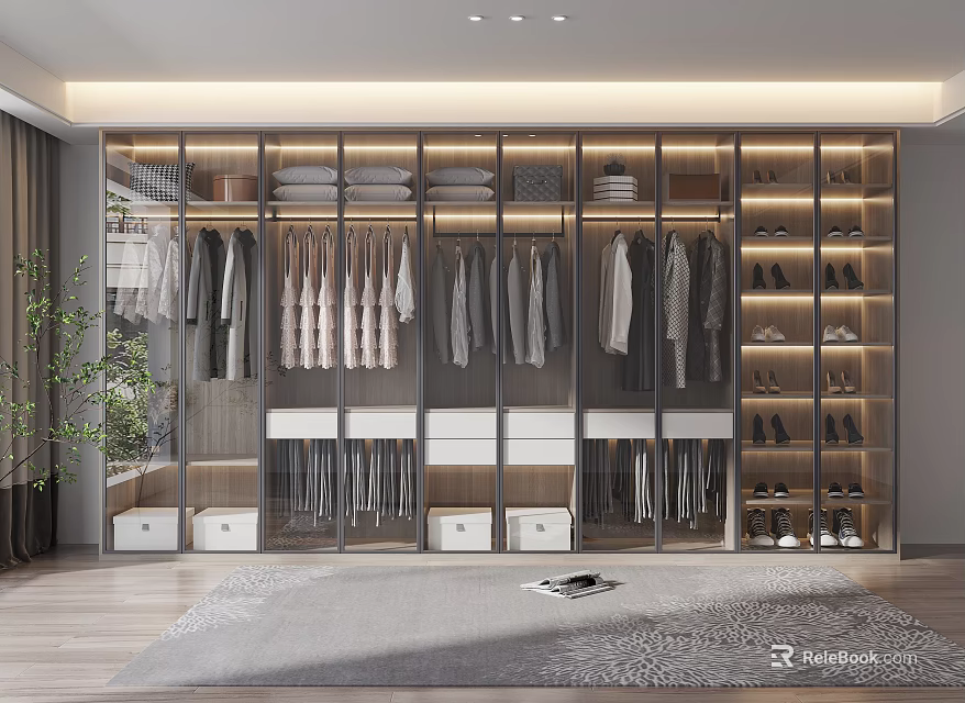 Modern Wardrobe With Glass Doors Hanging Clothes Drawers Shoe Storage And LED Lighting 3d model 