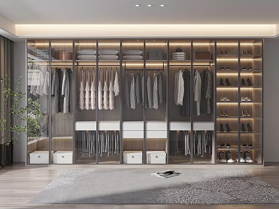 Modern Wardrobe With Glass Doors Hanging Clothes Drawers Shoe Storage And LED Lighting 3d model
