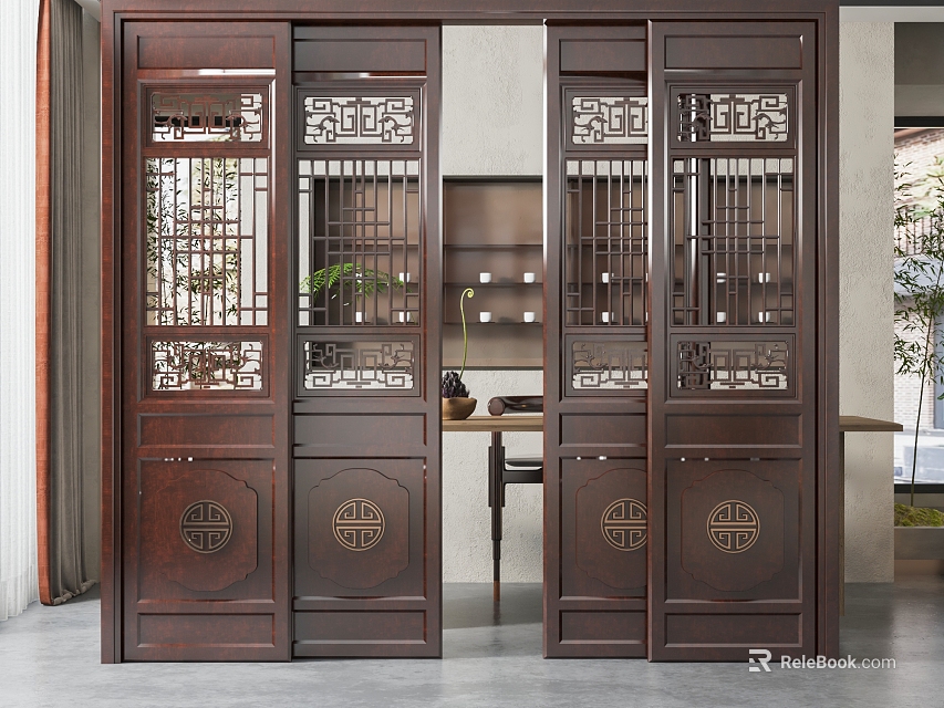 Elegant Dark Wooden Chinese Style Sliding Doors With Carved Patterns In Interior Space 3d model 