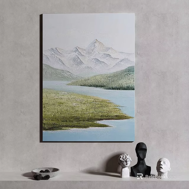 Modern Abstract Painting With Scenic Mountains Lake And Green Grassland For Interior Decor 3d model 