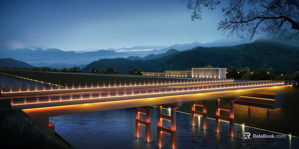 Illuminated Bridge At Night Spanning Water With Mountain Backdrop And Tree Branches 3d model 
