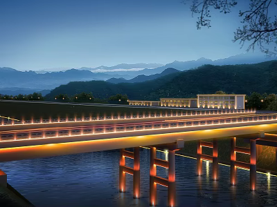Illuminated Bridge At Night Spanning Water With Mountain Backdrop And Tree Branches 3d model