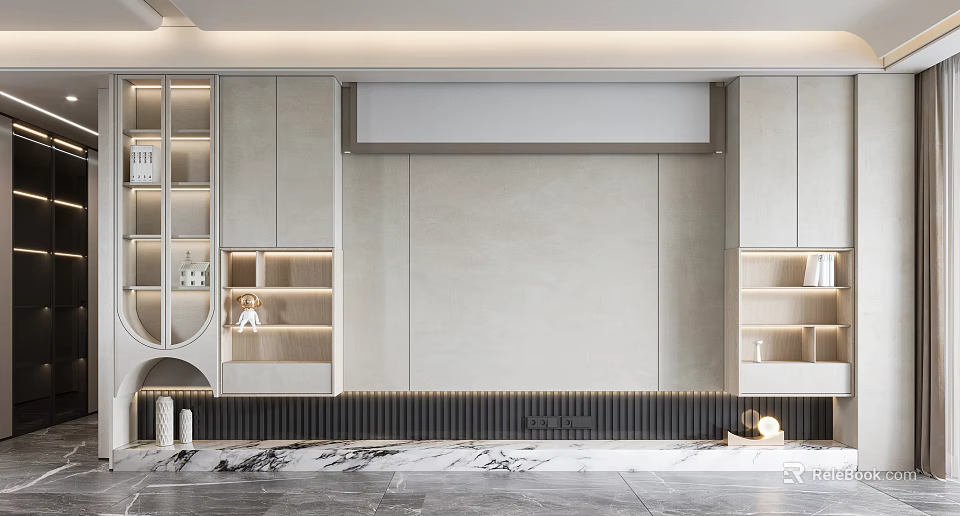 Modern TV Background Cabinet With Gray Finish LED Lights And Marble Countertop 3d model 