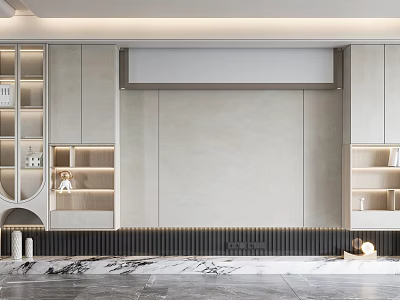 Modern TV Background Cabinet With Gray Finish LED Lights And Marble Countertop 3d model