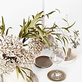 Elegant Tableware Set with Marble Vase White Flowers Green Foliage Wine Glasses Candles and Trays