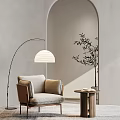 Cozy Single Sofa With Arched Floor Lamp Olive Tree Side Table And Light Gray Walls 3d model