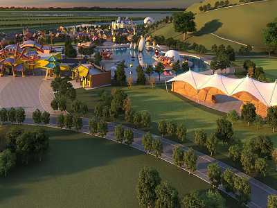Vibrant Amusement Park Featuring Colorful Rides Pool Area White Tents And Lush Greenery 3d model