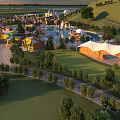 Vibrant Amusement Park Featuring Colorful Rides Pool Area White Tents And Lush Greenery