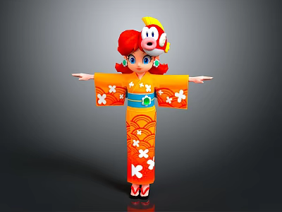 Character In Orange Kimono With Flower Patterns Red Hair And Creature On Head 3d model