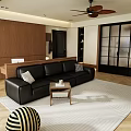 Modern Living Dining Room Interior With Black Leather Sofa Wooden Ceiling Fan And Patterned Area Rug