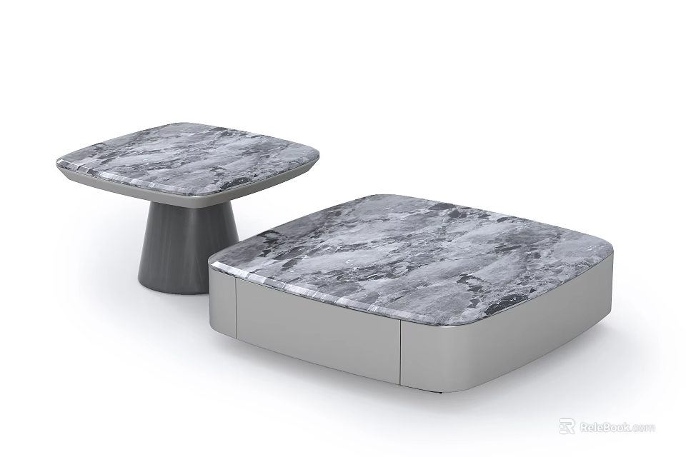 Modern Two Piece Coffee Tables With Marble Top And Grey Sleek Base 3d model
