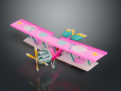 Detailed Pink Biplane Model With Green Yellow Accents Circular Wing Patterns On Dark Aerospace Background 3d model