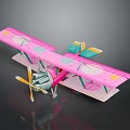 Detailed Pink Biplane Model With Green Yellow Accents Circular Wing Patterns On Dark Aerospace Background