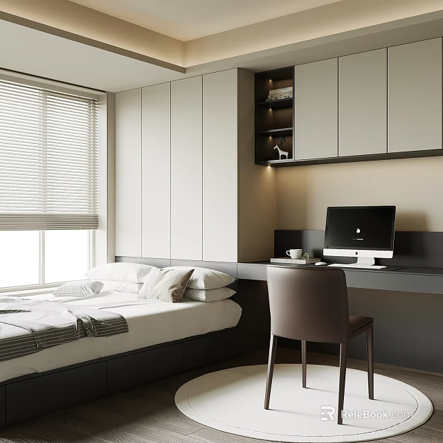 Tatami Bedroom Interior With Tatami Bed White Gray Cabinets Desk Computer Chair And Window Blinds 3d model 