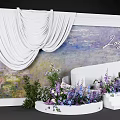 Elegant Event Decor With White Drapery Monet Style Backdrop And Purple Blue Flowers