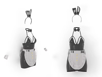 Cute Black And White Maid Dress With Apron Bow Tie And Bunny Ear Headband 3d model
