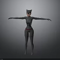 3D Female Character Model With Cat Ear Headpiece Gray Bodysuit Red Belt Arms Outstretched Pose