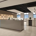 Modern Office Corridor With Wooden Panels Ceiling Lights Green Plant Landscape And Marble Flooring