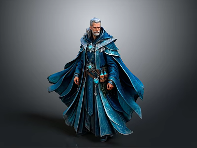 Man With White Hair And Long Beard In Blue Flowing Robe With Mystical Attire 3d model