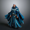 Man With White Hair And Long Beard In Blue Flowing Robe With Mystical Attire