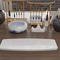 Stylish Jewelry Display On Wooden Table With Bamboo Stand And White Trays