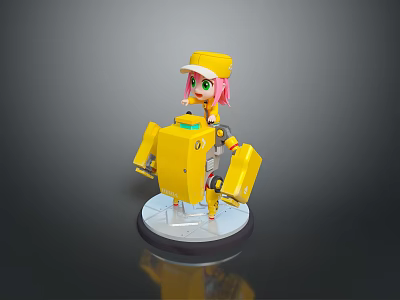 Woman with pink hair wearing yellow cap sitting on yellow mechanical device with transparent base 3d model