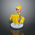 Woman with pink hair wearing yellow cap sitting on yellow mechanical device with transparent base