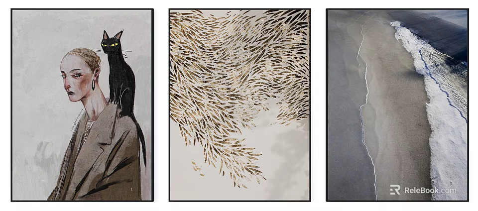 Three Panel Abstract Wall Art Featuring Black Cat Branch Pattern And Gray Background 3d model