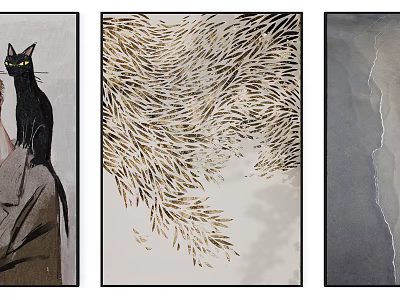 Three Panel Abstract Wall Art Featuring Black Cat Branch Pattern And Gray Background 3d model