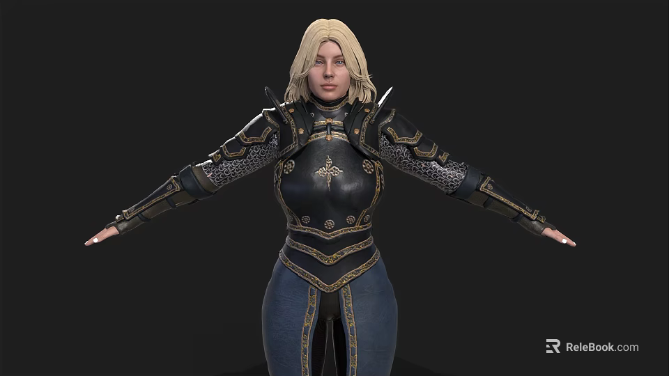 Blonde Woman In Ornate Black And Gold Metallic Armor With Arms Outstretched 3d model 