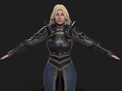 Blonde Woman In Ornate Black And Gold Metallic Armor With Arms Outstretched 3d model