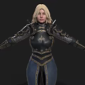 Blonde Woman In Ornate Black And Gold Metallic Armor With Arms Outstretched