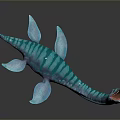 Turquoise Green Striped Plesiosaur 3D Render With Long Neck Blue Flippers And Open Mouth