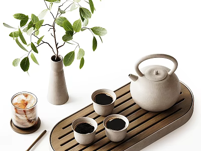 Elegant Ceramic Tea Set On Wooden Tray With Green Leaf Plant Accent 3d model