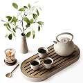 Elegant Ceramic Tea Set On Wooden Tray With Green Leaf Plant Accent