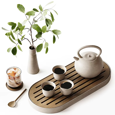 Elegant Ceramic Tea Set On Wooden Tray With Green Leaf Plant Accent 3d model
