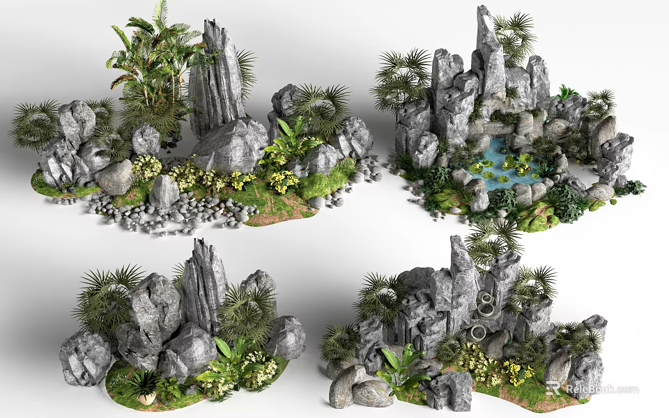 Rockery Stones Decorative Garden Design With Plants Small Pond And Mossy Details 3d model 