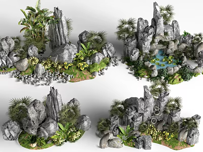 Rockery Stones Decorative Garden Design With Plants Small Pond And Mossy Details 3d model