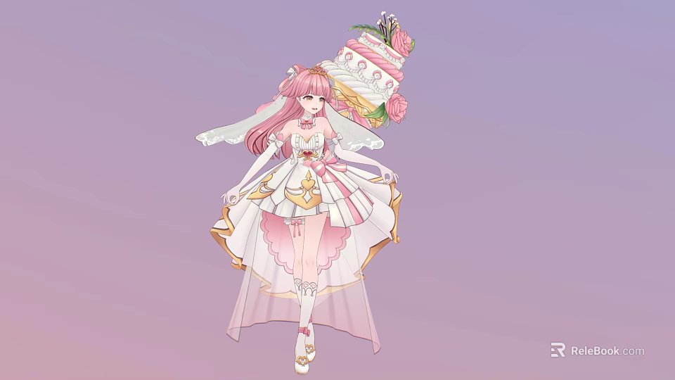 Woman With Pink Hair And Cake Headpiece In Elegant White Pink Dress 3d model 