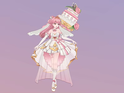Woman With Pink Hair And Cake Headpiece In Elegant White Pink Dress 3d model