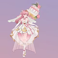 Woman With Pink Hair And Cake Headpiece In Elegant White Pink Dress