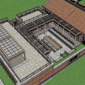 Outdoor Courtyard With Wooden Roof Stone Paved Floor Benches People Relaxing And Green Plants